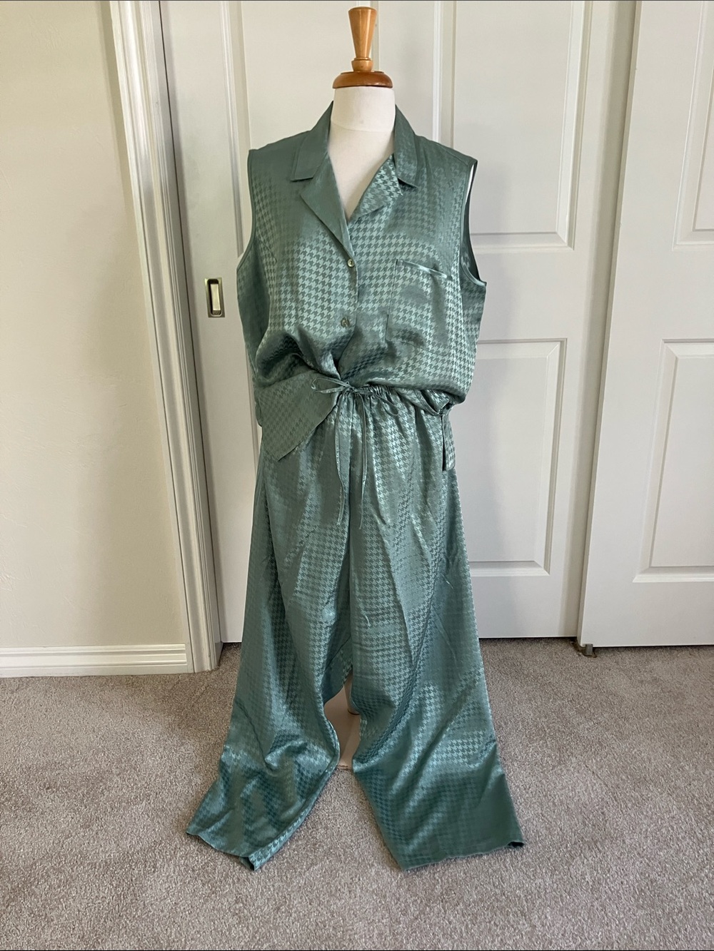 Halston Sleeveless Satin Pajama Set in Sage Green